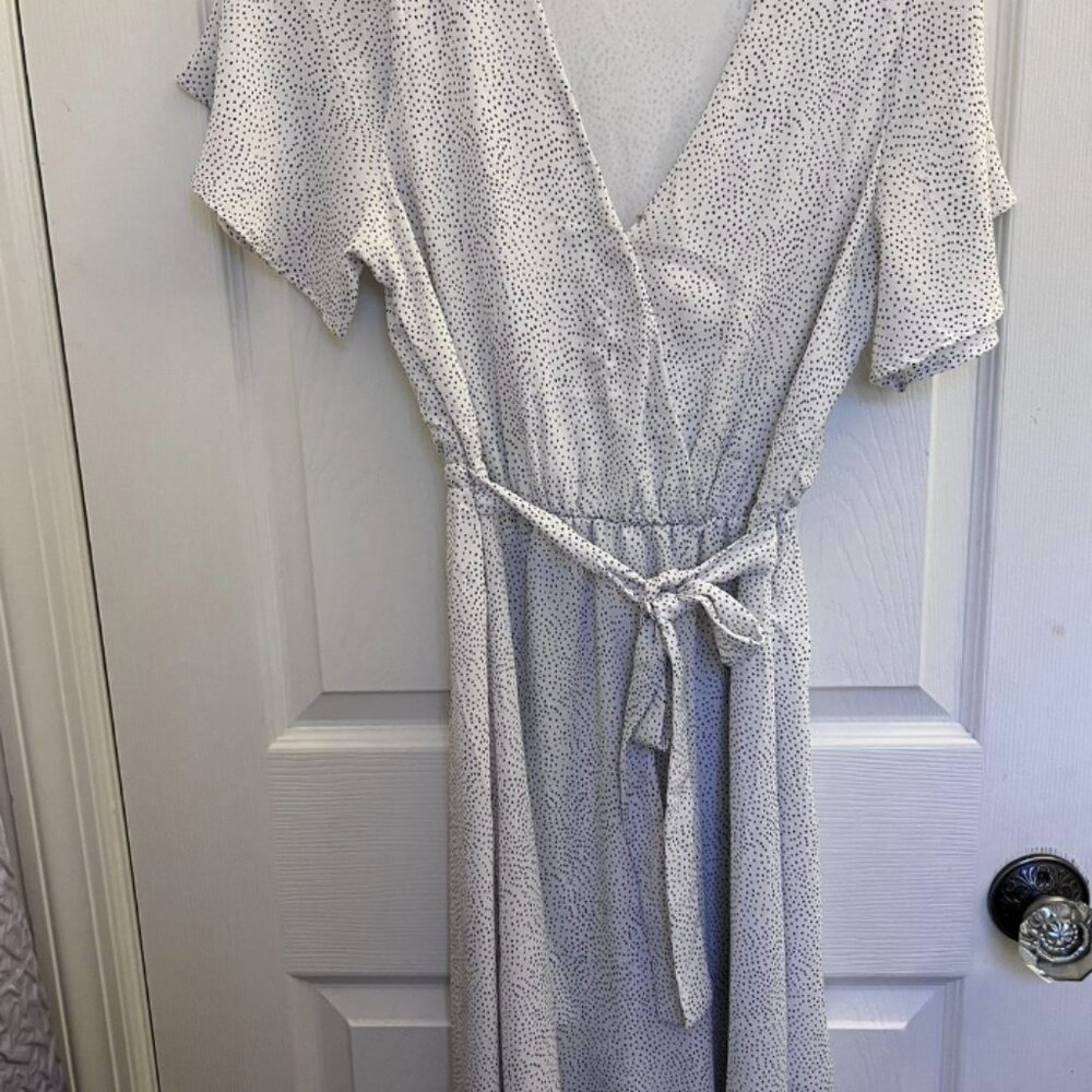 Small dotted faux wrap midi dress v neckline